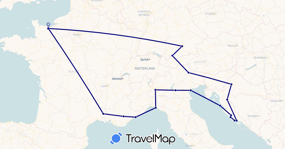 TravelMap itinerary: driving in Germany, France, Croatia, Italy, Monaco (Europe)